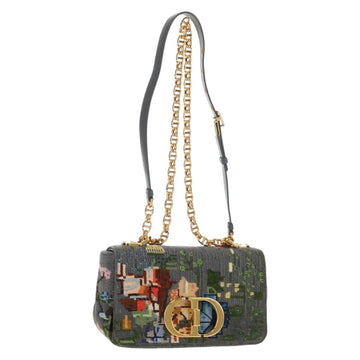 Christian Dior Chain Caro Shoulder Bag cotton Gray Gold Auth 152452AM