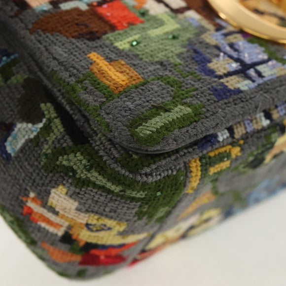 Christian Dior Chain Caro Shoulder Bag cotton Gray Gold Auth 152452AM