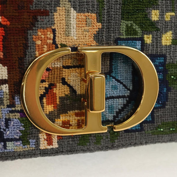 Christian Dior Chain Caro Shoulder Bag cotton Gray Gold Auth 152452AM