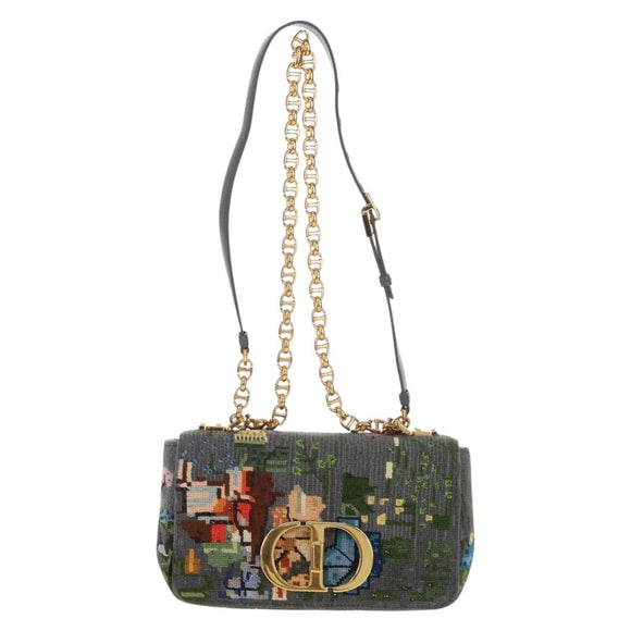 Christian Dior Chain Caro Shoulder Bag cotton Gray Gold Auth 152452AM