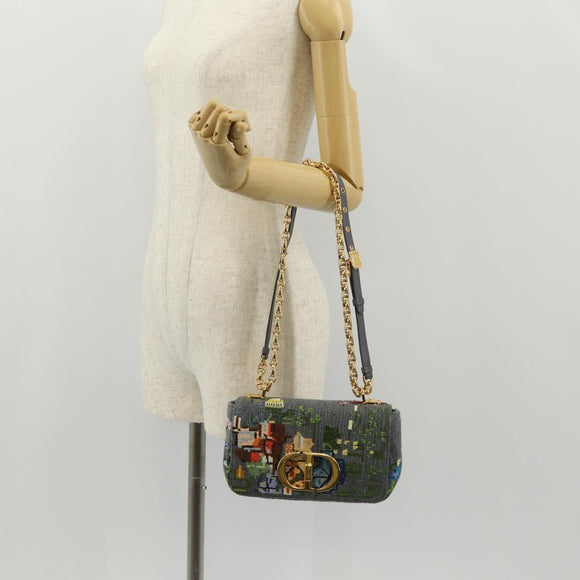 Christian Dior Chain Caro Shoulder Bag cotton Gray Gold Auth 152452AM