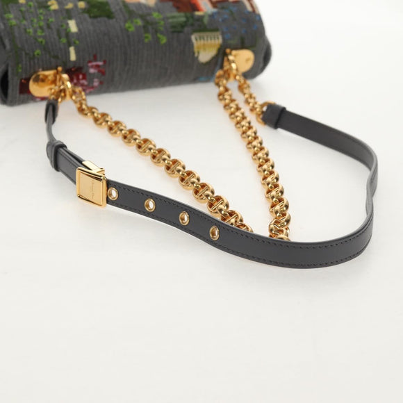 Christian Dior Chain Caro Shoulder Bag cotton Gray Gold Auth 152452AM