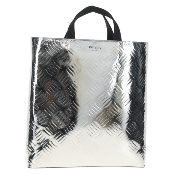 PRADA Hand Bag Metallic leather Silver Auth 152470M