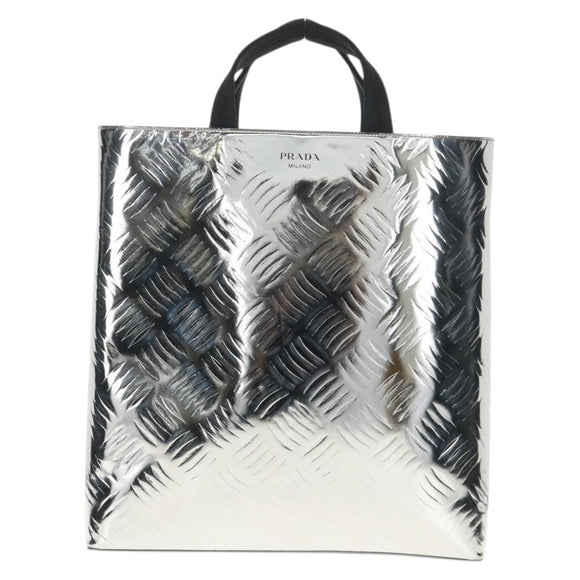 PRADA Hand Bag Metallic leather Silver Auth 152470M