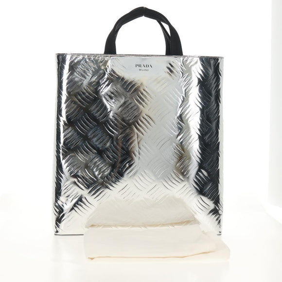 PRADA Hand Bag Metallic leather Silver Auth 152470M