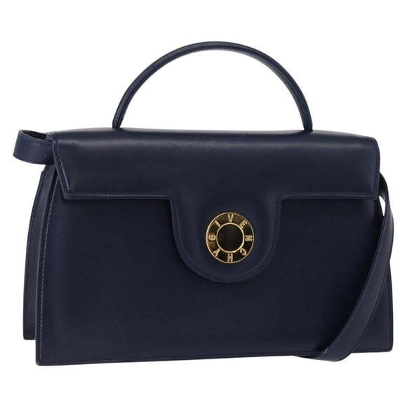 GIVENCHY Hand Bag Leather 2way Navy Gold Auth 152500