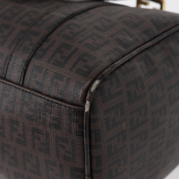FENDI Zucchino Canvas Boston Bag PVC Dark Brown Gold Auth 152507