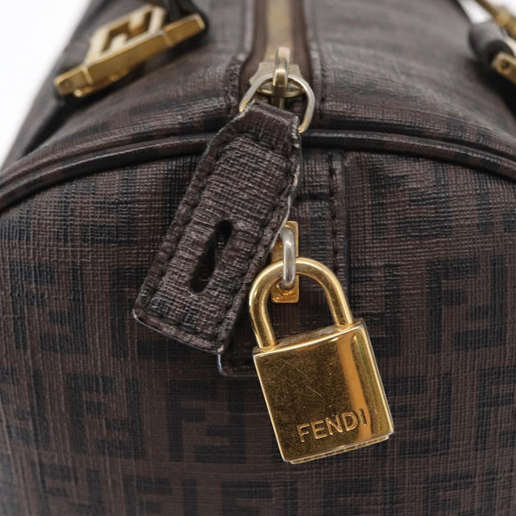 FENDI Zucchino Canvas Boston Bag PVC Dark Brown Gold Auth 152507