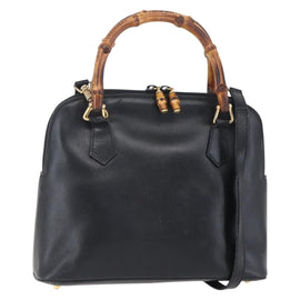GUCCI Bamboo Hand Bag Leather 2way Black Gold 000 2296 0290 Auth 152576