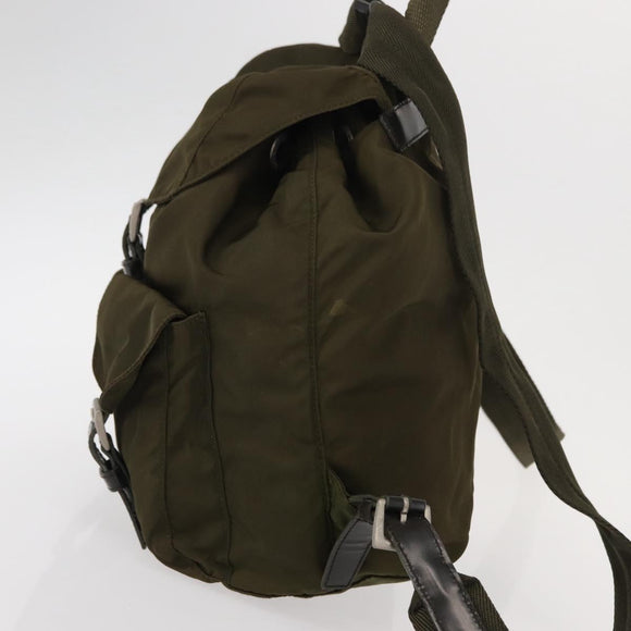 PRADA Rugzak Nylon Khaki Zilver Auth 152582