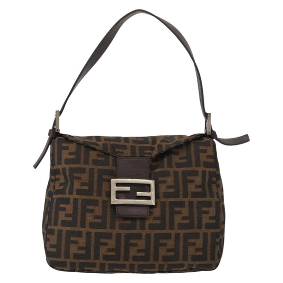 FENDI Zucca Canvas Mamma Baguette Shoulder Bag Black Brown Silver Auth 152586
