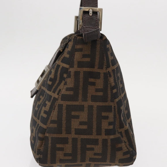 FENDI Zucca Canvas Mamma Baguette Shoulder Bag Black Brown Silver Auth 152586