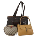 GUCCI GG Canvas Shoulder Bag Leather 3 Set Beige Dark Brown Auth 152612-1