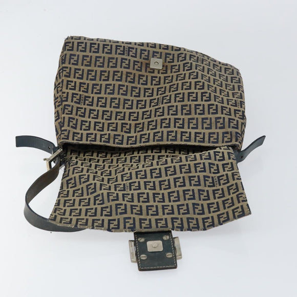 FENDI Zucchino Canvas Mamma Baguette Shoulder Bag Navy Silver Auth 152632
