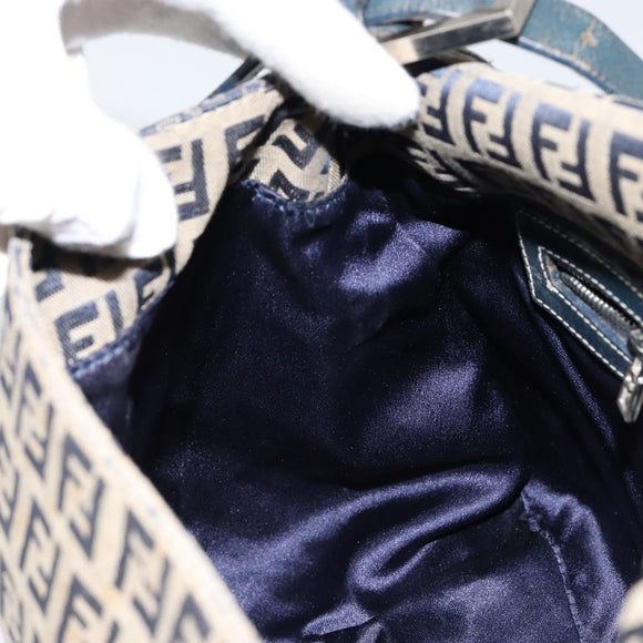 FENDI Zucchino Canvas Mamma Baguette Shoulder Bag Navy Silver Auth 152632