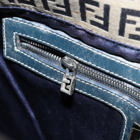 FENDI Zucchino Canvas Mamma Baguette Shoulder Bag Navy Silver Auth 152632