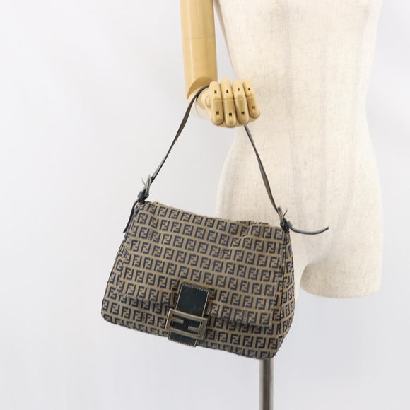 FENDI Zucchino Canvas Mamma Baguette Shoulder Bag Navy Silver Auth 152632