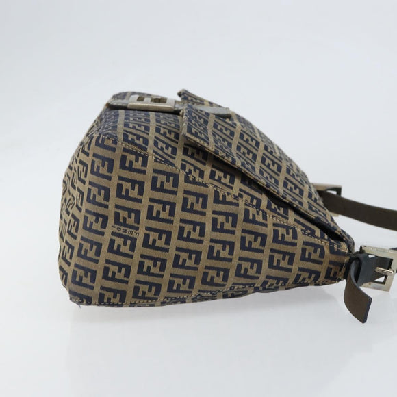 FENDI Zucchino Canvas Mamma Baguette Shoulder Bag Navy Silver Auth 152632