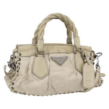 PRADA Hand Bag Nylon Leather 2way Beige Silver Auth 152635