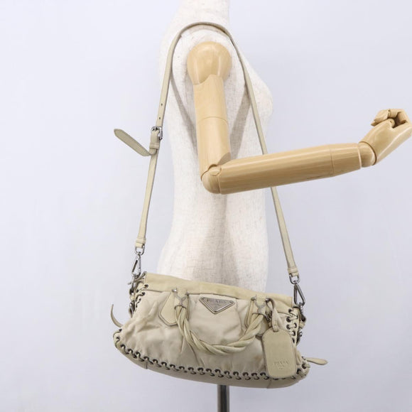 PRADA Hand Bag Nylon Leather 2way Beige Silver Auth 152635