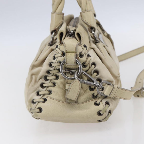 PRADA Hand Bag Nylon Leather 2way Beige Silver Auth 152635