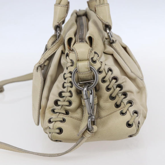 PRADA Hand Bag Nylon Leather 2way Beige Silver Auth 152635