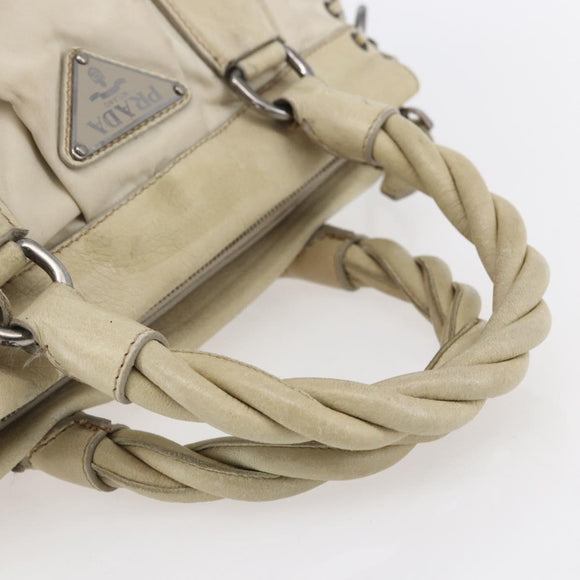PRADA Hand Bag Nylon Leather 2way Beige Silver Auth 152635