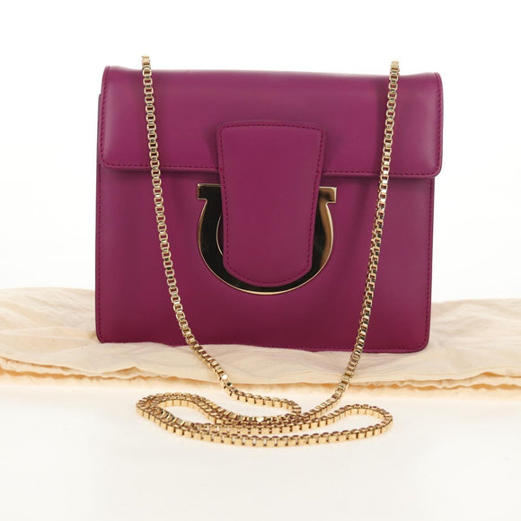 Salvatore Ferragamo Chain Shoulder Bag Leather Purple Gold Auth 152688V