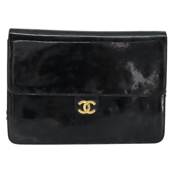 CHANEL Chain Shoulder Bag Patent leather Black Gold CC Auth 152693