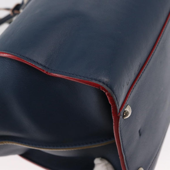 FENDI Trois Jules Hand Bag Leather Navy Silver Auth 152694