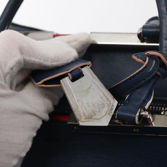 FENDI Trois Jules Hand Bag Leather Navy Silver Auth 152694