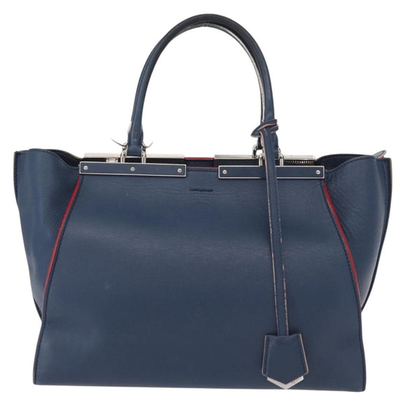 FENDI Trois Jules Hand Bag Leather Navy Silver Auth 152694