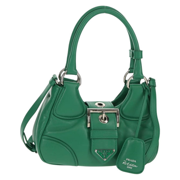 PRADA Moon Bag Hand Bag Leather 2way Green Silver Auth 152696SAM