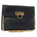 Salvatore Ferragamo Gancini Chain Shoulder Bag Leather Navy Gold Auth 152720-1