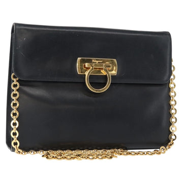 Salvatore Ferragamo Gancini Chain Shoulder Bag Leather Navy Gold Auth 152720