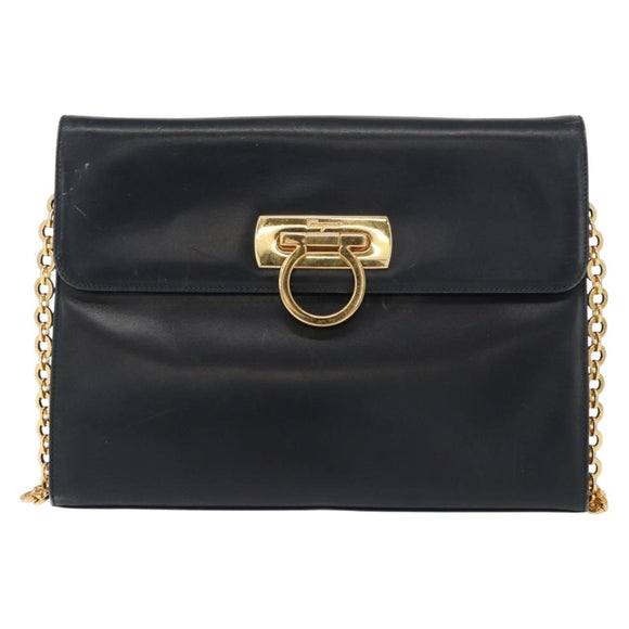 Salvatore Ferragamo Gancini Chain Shoulder Bag Leather Navy Gold Auth 152720
