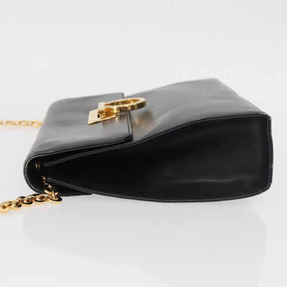 Salvatore Ferragamo Gancini Chain Shoulder Bag Leather Navy Gold Auth 152720