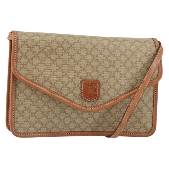 CELINE Macadam Canvas Shoulder Bag PVC Leather Beige Gold Auth 152722