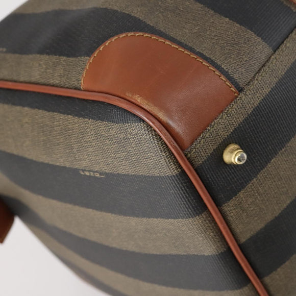 FENDI Pecan Canvas Boston Bag PVC Black Brown gold Auth 152730