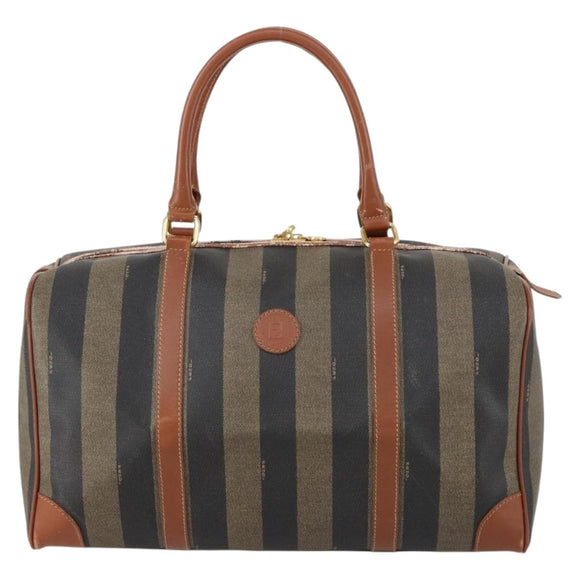 FENDI Pecan Canvas Boston Bag PVC Black Brown gold Auth 152730