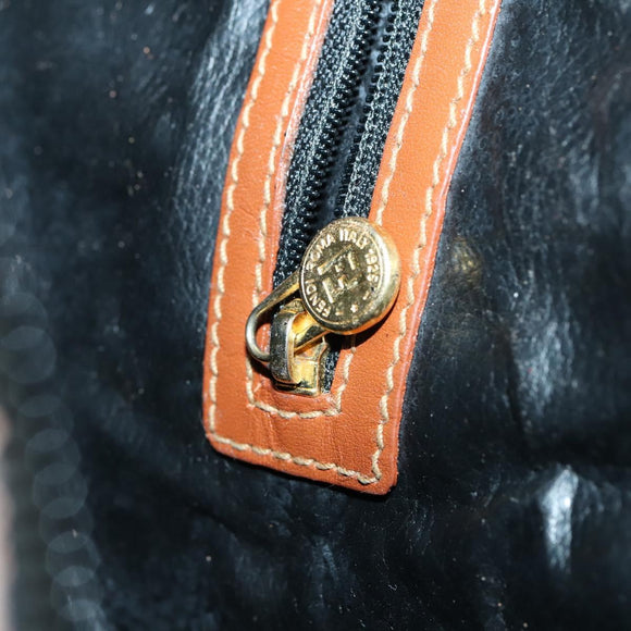 FENDI Pecan Canvas Boston Bag PVC Black Brown gold Auth 152730