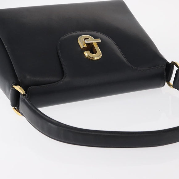 GUCCI Shoulder Bag Leather Navy Gold Auth 152739