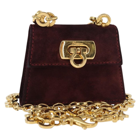 Salvatore Ferragamo Chain Gancini Shoulder Bag Suede Purple Gold Auth 152790