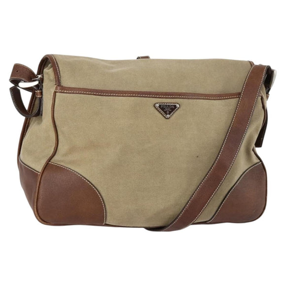 PRADA Shoulder Bag Canvas Leather Beige Brown Silver Auth 152823