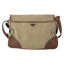 PRADA Shoulder Bag Canvas Leather Beige Brown Silver Auth 152823 - 0