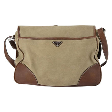 PRADA Shoulder Bag Canvas Leather Beige Brown Silver Auth 152823 - 0