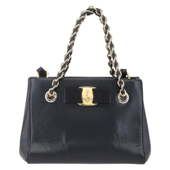 Salvatore Ferragamo Vala Shoulder Bag Leather 2way Black Gold Silver Auth 152825