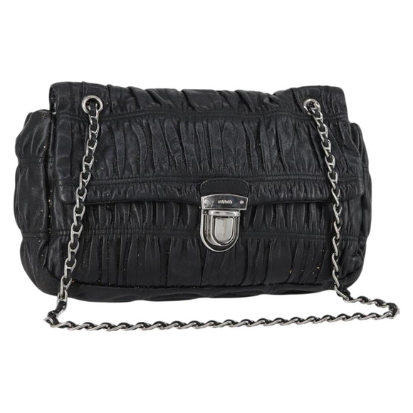 PRADA Gathered Chain Shoulder Bag Leather Black Silver Auth 152840
