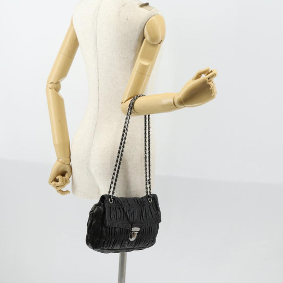 PRADA Gathered Chain Shoulder Bag Leather Black Silver Auth 152840