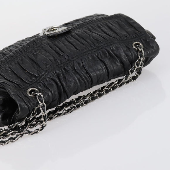 PRADA Gathered Chain Shoulder Bag Leather Black Silver Auth 152840